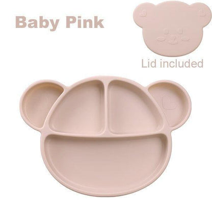 Grosmimi Bear Silicone Suction Food Plate with Silicone Lid Oatmeal-1973194254478086151