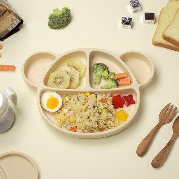 Grosmimi Bear Silicone Suction Food Plate with Silicone Lid Oatmeal-1973194254478086144