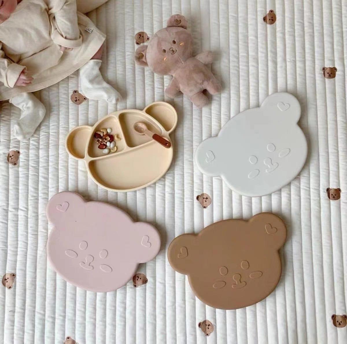 Grosmimi Bear Silicone Suction Food Plate with Silicone Lid Oatmeal-1973194254478086148