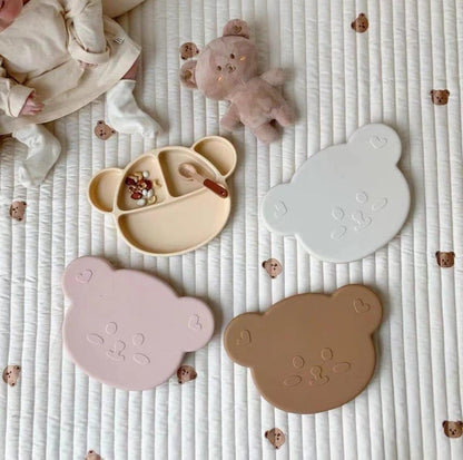 Grosmimi Bear Silicone Suction Food Plate with Silicone Lid Oatmeal-1973194254478086148