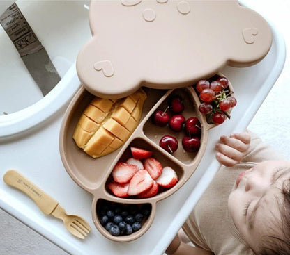 Grosmimi Bear Silicone Suction Food Plate with Silicone Lid Oatmeal-1973194254478086149